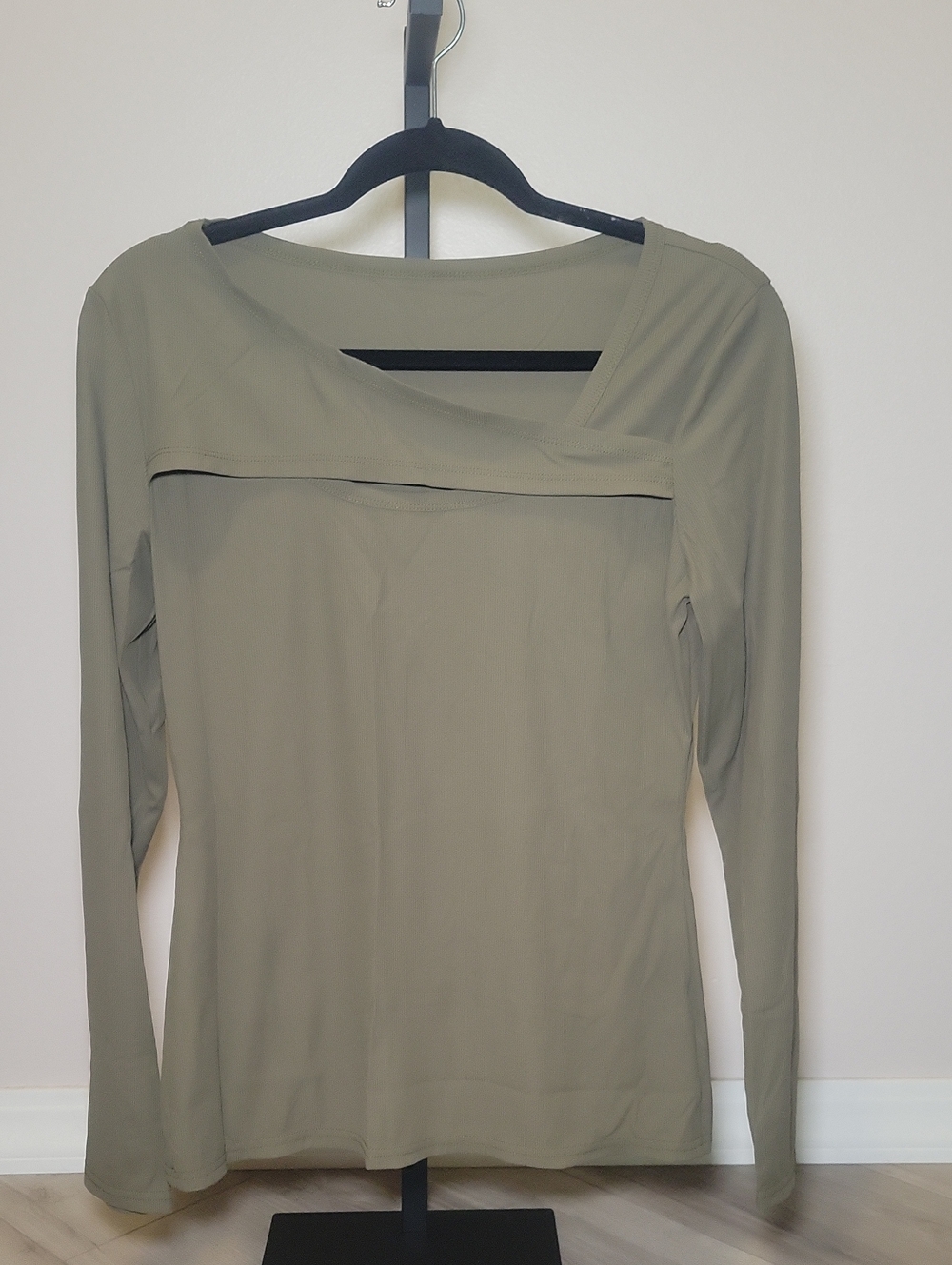 Olive Asymmetric Neck Long-Sleeve Top